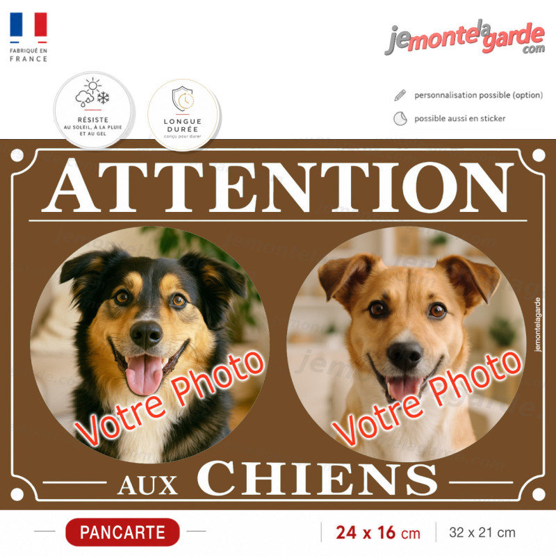 personnalisable, plaque pluriel portail marron chocolat "Attention aux Chiens" look plaque de rue avec photos de vos chiens
