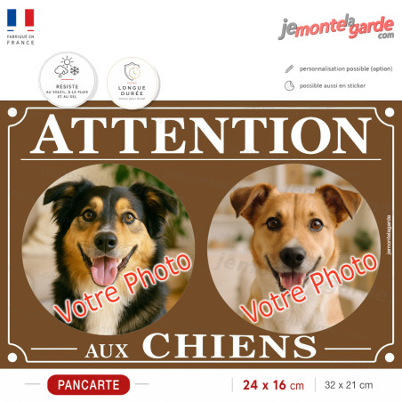 personnalisable, plaque pluriel portail marron chocolat "Attention aux Chiens" look plaque de rue avec photos de vos chiens