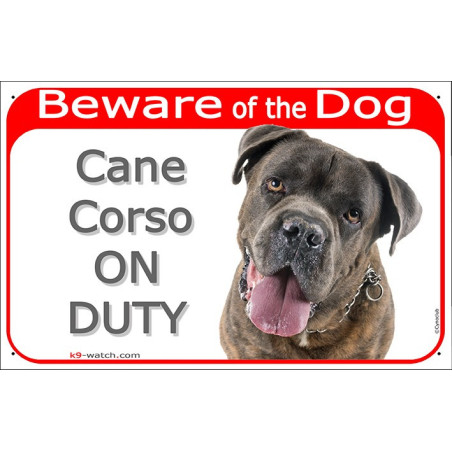 Cane Corso Beware of the Dog On Duty sign with brindle short-coated dog photo for gates and fences.