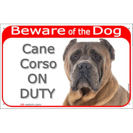 Cane Corso On Duty sign with fawn short-coated dog, dark mask and cropped ears for gates and entrances.