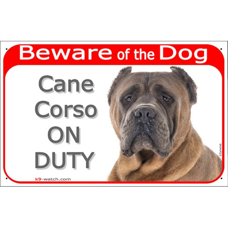 Cane Corso On Duty sign with fawn short-coated dog, dark mask and cropped ears for gates and entrances.
