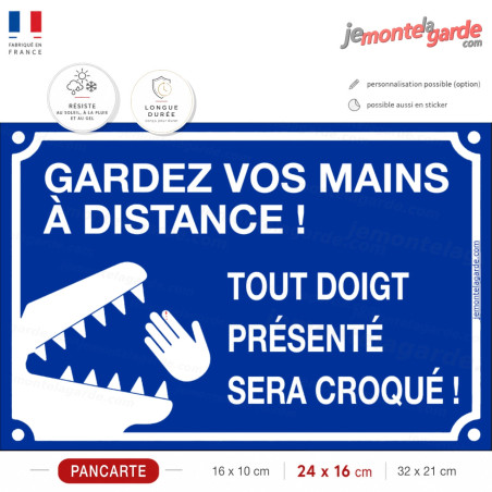Plaque Portail bleue "tout doigt montré sera croqué ou mordu" prévenir danger morsure, 3 Tailles