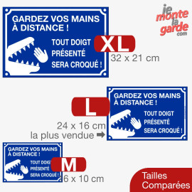 Plaque Portail bleue "tout doigt montré sera croqué ou mordu" prévenir danger morsure, 3 Tailles