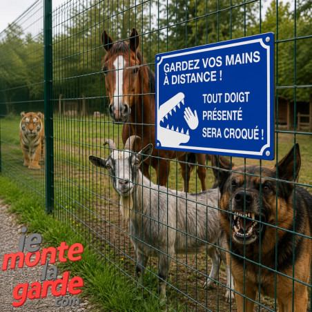 Plaque Portail bleue "tout doigt montré sera croqué ou mordu" prévenir danger morsure, 3 Tailles