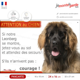 Leonberg fauve masque noir, plaque portail humour "Attention au Chien, Jetez Vous au Sol, attendez secours, courage !" photo