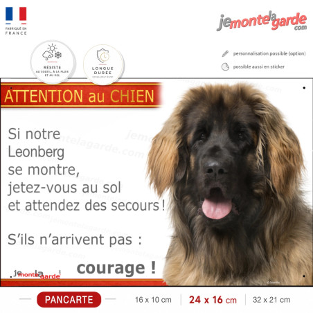 Leonberg fauve masque noir, plaque portail humour "Attention au Chien, Jetez Vous au Sol, attendez secours, courage !" photo