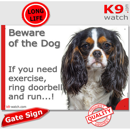 Tricolour Cavalier funny Beware of the Dog sign with doorbell joke and long silky coat for gates.