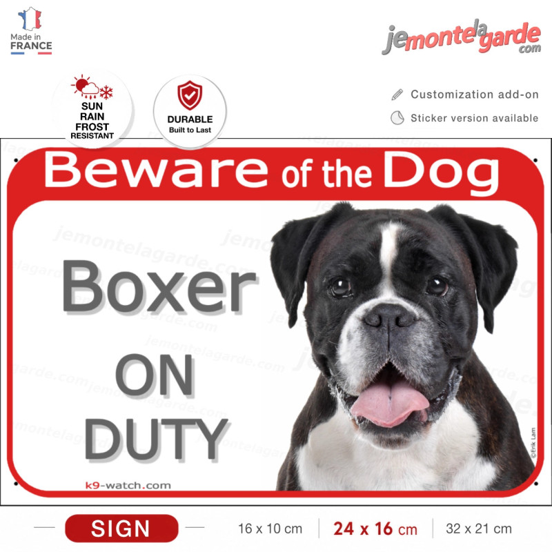 Red Portal Sign "Beware of the Dog, black dark brindle German Boxer on duty" weather resistant Red Portal Sign "Beware of the Dog, black dark brindle German Boxer on duty" weather resistant