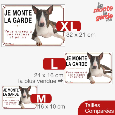 Bull Terrier, plaque portail photo "Je Monte la Garde, risques et périls" 3 Tailles