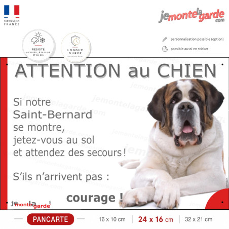 Saint-Bernard couché, plaque portail humour "Attention au Chien, Jetez Vous au Sol, courage" photo, résiste pluie soleil gel