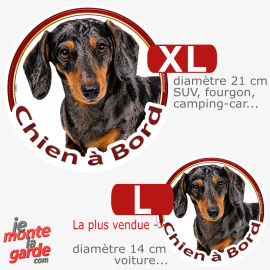 Teckel à poils ras, sticker voiture rond "Chien à Bord" 2 Tailles