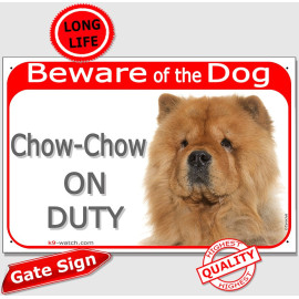 Red Chow-Chow On Duty gate sign with dense rough coat, mane effect and serious breed portrait for gates, fences and doors.