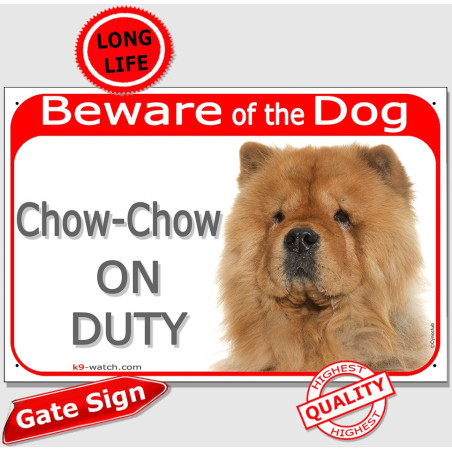 Red Chow-Chow On Duty gate sign with dense rough coat, mane effect and serious breed portrait for gates, fences and doors.