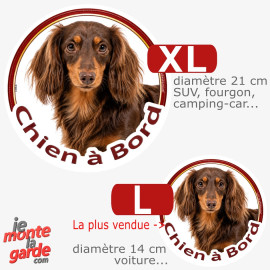 Teckel à poils longs, sticker voiture rond "Chien à Bord" 2 Tailles