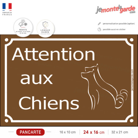 "Attention aux Chiens" Plaque de nom de Rue pluriel marron chocolat portail couleur plusieurs chiens, résiste dehors
