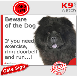 Funny black Chow-Chow Beware of the Dog gate sign with doorbell joke, dense rough coat and dark ruff for private entrances.