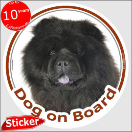 Black Chow-Chow Dog on Board sticker with dense rough coat, dark ruff and bold round breed portrait for car windows and vans.