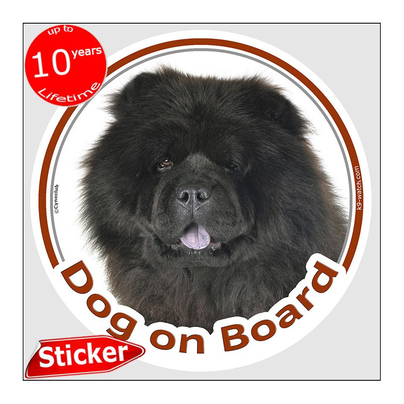 Black Chow-Chow Dog on Board sticker with dense rough coat, dark ruff and bold round breed portrait for car windows and vans.