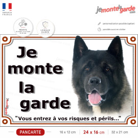Akita Américain noir et blanc, plaque portail photo "Je Monte la Garde, risques périls" usa photo, résiste dehors