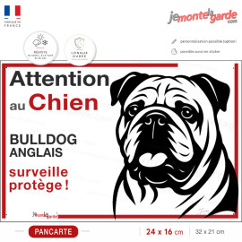 Plaque portail "Attention au Chien, notre Bulldog Anglais surveille et protège" dessin stylisé noir et blanc, résiste dehors