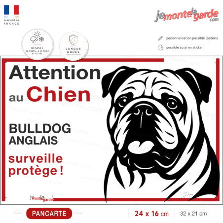 Plaque portail "Attention au Chien, notre Bulldog Anglais surveille et protège" dessin stylisé noir et blanc, résiste dehors