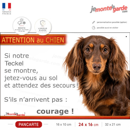 Pancarte portail Teckel marron et tan poil long "Attention au CHIEN" résiste dehors