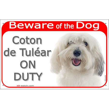 Coton de Tulear On Duty sign with white cotton-textured coat and grey ear shading for gates, fences and dog entrances.
