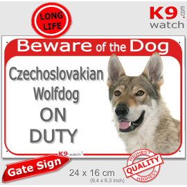 Czechoslovakian Wolfdog On Duty gate sign 24x16 cm with wolf-grey double coat, pale mask and alert breed portrait.