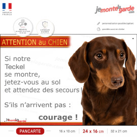 Pancarte Teckel poil ras marron et feu humoristique pour portail : jetez-vous au sol, courage ! Fabrication française