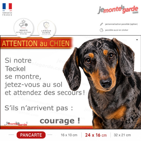 Pancarte photo Teckel poil ras noir et feu arlequin humoristique pour portail : jetez-vous au sol, courage !