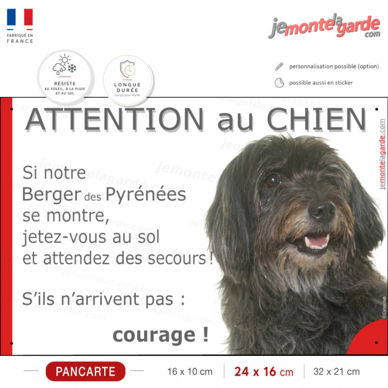 Berger Pyrénées noir, plaque portail humour "Attention au Chien, Jetez Vous au Sol, attendez secours, courage" pancarte Labrit