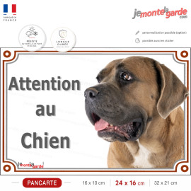 Cane Corso fauve masque noir, pancarte portail "Attention au Chien" photo race plaque porte entrée Cane Italiano marron