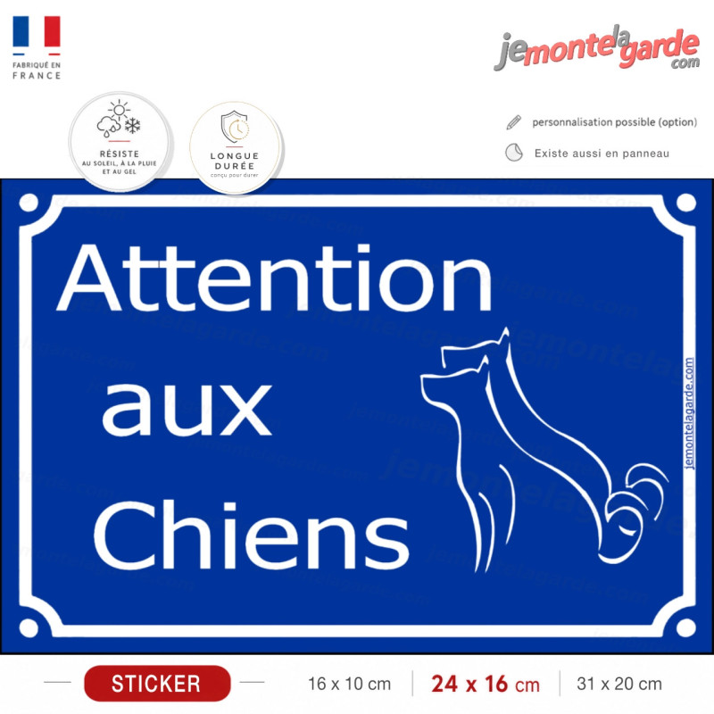 Panneau Sticker autocollant adhésif Portail pluriel "Attention aux Chiens" look plaque de rue bien bleue plusieurs chiens