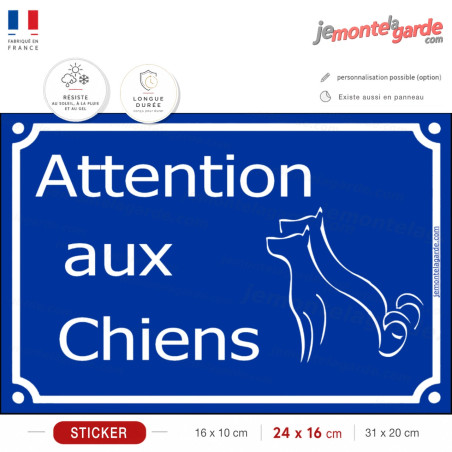 Panneau Sticker autocollant adhésif Portail pluriel "Attention aux Chiens" look plaque de rue bien bleue plusieurs chiens