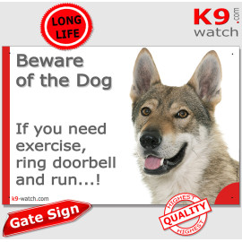 Funny Czechoslovakian Wolfdog gate sign with doorbell joke, pale mask and wolf-grey coat for gates, fences and doors.