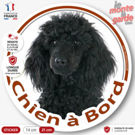 Caniche noir, sticker autocollant rond "Chien à Bord" Disque adhésif voiture auto photo, résiste dehors
