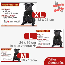 Staffie noir, plaque humour "Attention au Chien, j'aime mon boulot" 3 Tailles