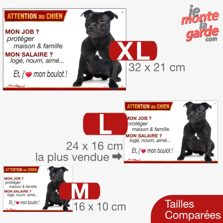 Staffie noir, plaque humour "Attention au Chien, j'aime mon boulot" 3 Tailles