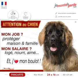 Pancarte Leonberg fauve charbonné à masque noir humoristique - mon job protéger maison & famille, j’aime mon boulot