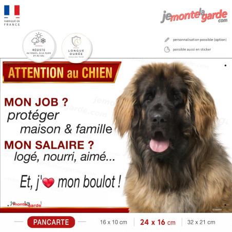 Pancarte Leonberg fauve charbonné à masque noir humoristique - mon job protéger maison & famille, j’aime mon boulot