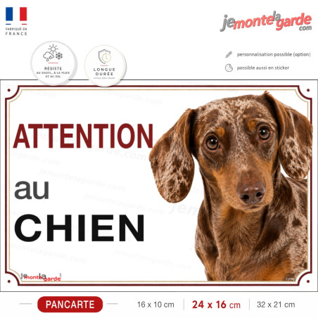 Pancarte Teckel poil ras marron arlequin et feu "ATTENTION au CHIEN" pour portail, PVC français durable et visible