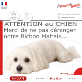 Plaque portail humour "Attention au Chien, Merci de ne pas déranger notre Bichon Maltais" Photo fatigué feignant