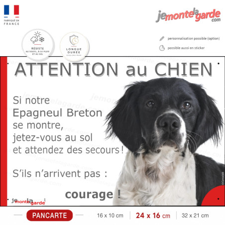 Epagneul Breton noir et blanc tête, plaque humour "Jetez Vous au Sol, Attention au Chien, attendez des secours, courage" photo