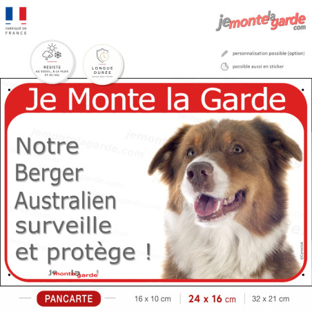 Berger Australien Tricolore Rouge, Panneau Portail rouge "Je Monte la Garde, surveille protège" photo, bien visible