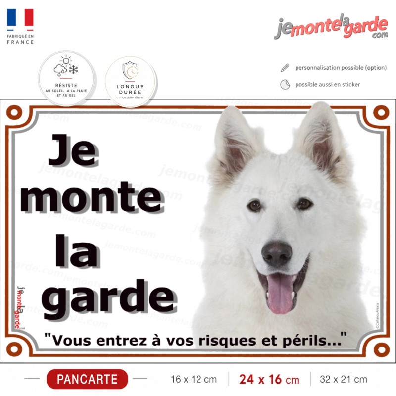 Berger Blanc Suisse Tête, plaque portail photo "Je Monte la Garde, risques et périls" photo, résiste dehors
