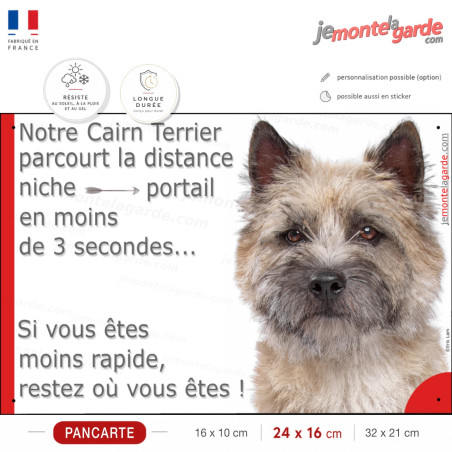 Cairn Terrier fauve, plaque humour "parcourt distance Niche-Portail moins 3 secondes, rapide" photo attention au chien