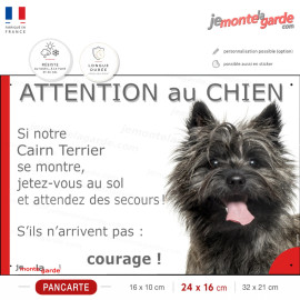 Cairn Terrier bringé, plaque portail humour "Attention au Chien, Jetez Vous au Sol, secours, courage" résiste dehors