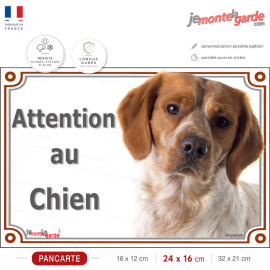 Epagneul Breton blanc et orange, plaque portail photo "Attention au Chien" qualité française, résiste dehors