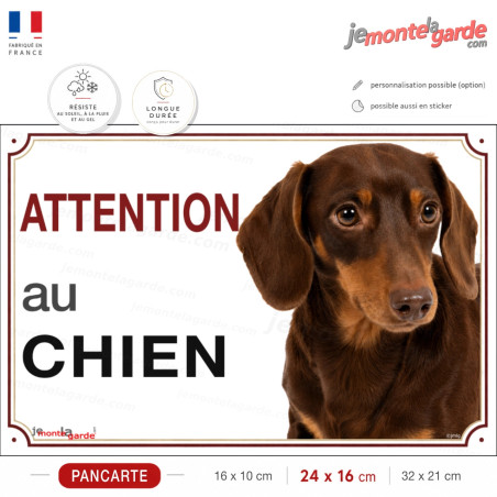 Pancarte Teckel poil ras marron et feu "ATTENTION au CHIEN" pour portail, PVC français durable, lisible dehors