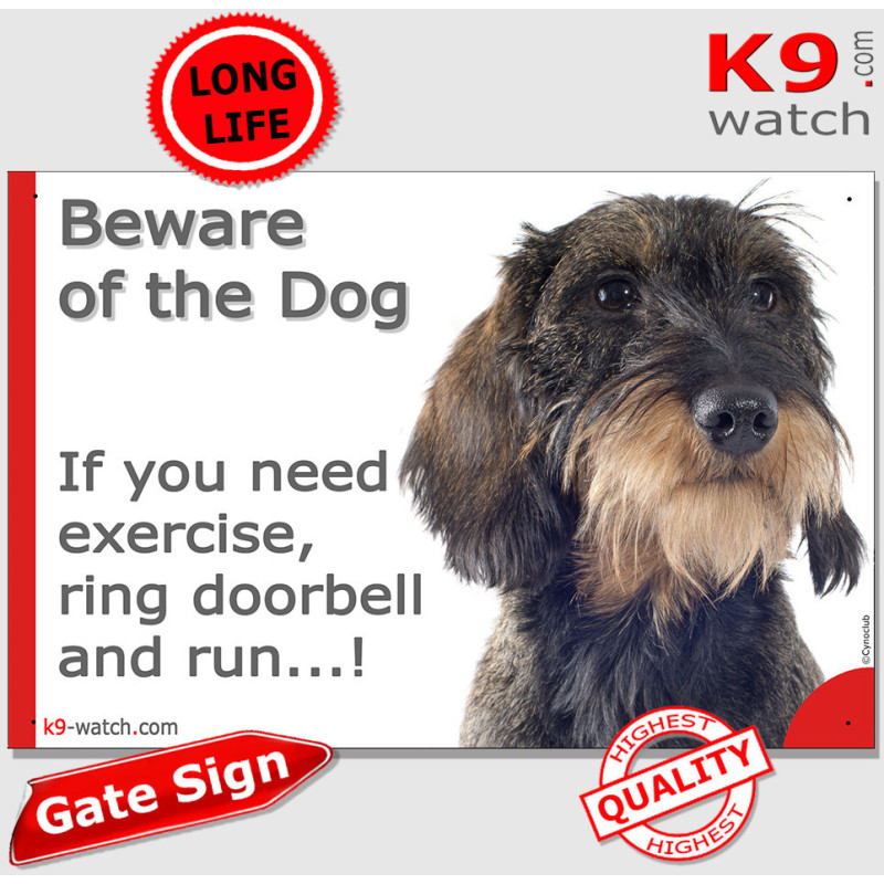 Funny wild boar wire-haired Dachshund doorbell warning sign with grizzled coat and rough beard for gates, fences and doors.